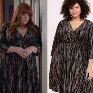 TORRID 3X BLACK VELVET & MULTI GLITTER STRIPE MIDI WRAP DRESS